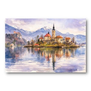 Acquerello del lago di Bled, arte del paesaggio alpino
