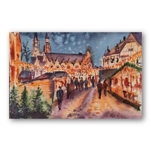 Aachens julmarknad i akvarell, tysk stadsbild, medeltida europeisk arkitektur, original akvarell