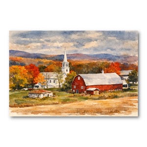 May include: Watercolor painting of a rural autumn scene. A white church with a steeple and a red barn are set against a backdrop of colorful fall foliage and rolling hills. The sky is overcast.