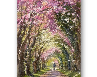 Pintura original en acuarela sobre flores de cerezo, escena primaveral alemana.