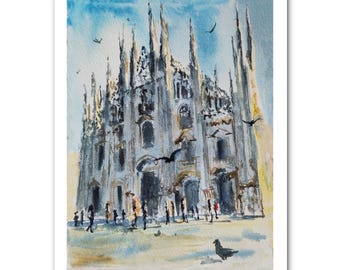 ミラノ大聖堂のプリント、ミラノドゥオーモの水彩画、イタリアの絵画