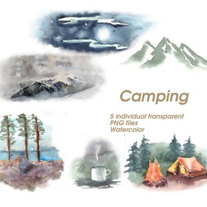 Camping clipart Watercolor clipart Campfire clipart Camp tent clipart Mountains clipart Travel clip art Tourism clip art Campsite graphics