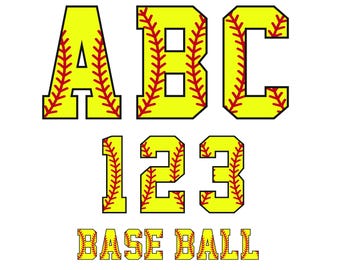 Pode incluir: Letras do alfabeto A, B, C e números 1, 2, 3 amarelos e vermelhos com tema de beisebol. O texto "BASE BALL" está abaixo dos números.