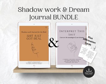 May include: A digital product bundle featuring two journals and affirmation cards. The first journal is titled "Shadow Work Journal for the Bold: Shit Just Got Real" and features a line drawing of a woman's face. The second journal is titled "Interpret This Shit: Uncover the meanings of your dreams" and also features a line drawing of a woman's face. The affirmation cards are white with black text.