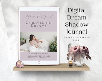 Peut inclure: Un journal numérique intitulé "Dévoiler les rêves : Un journal de travail de l'ombre" avec un fond rose et une photo d'une femme au lit. Le texte "Un journal pour les personnes qui souhaitent travailler à travers leurs rêves et découvrir les messages qu'ils contiennent" est en bas du journal.