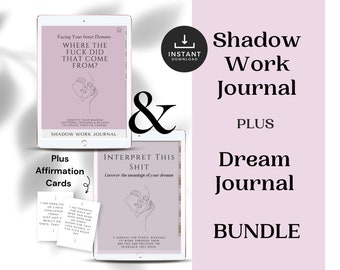 May include: A digital product bundle featuring a pink and white shadow work journal, a dream journal, and affirmation cards. The journal covers feature line art illustrations and the text "Where the fuck did that come from?" and "Interpret this shit".