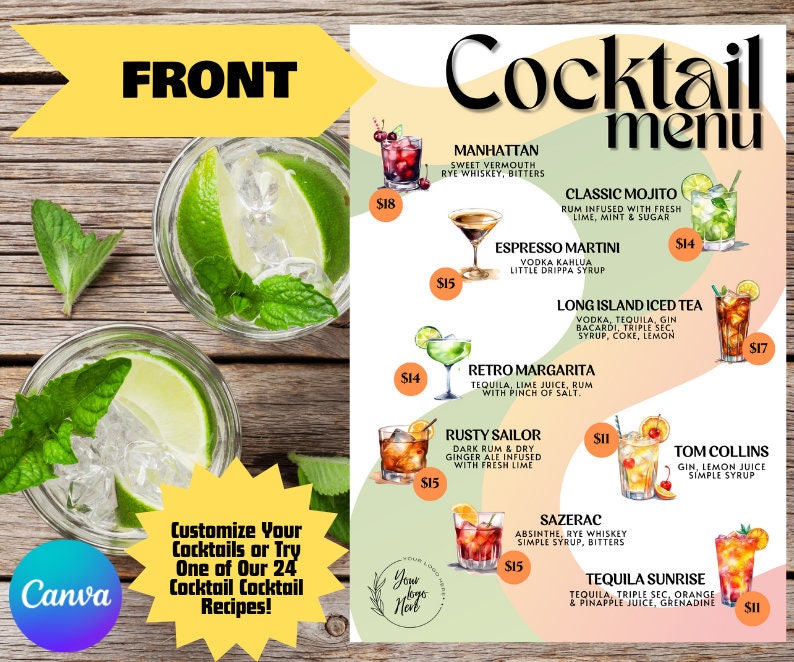 Retro Cocktail Menu Template: Watercolor Drinks, Editable Canva Design ...