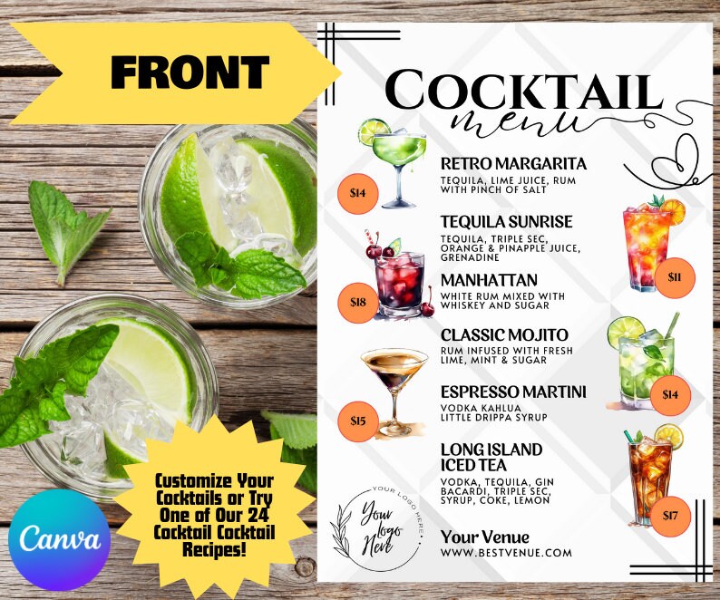 Editable Cocktail Menu Template: Restaurant & Bar Drink List (canva ...