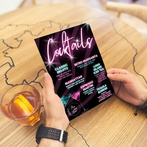 100% Editable NEON Cocktail Menu Design - Canva Template with Free Cocktails eBook- 4 Sizes Available & Matching Shooter Menu for Back