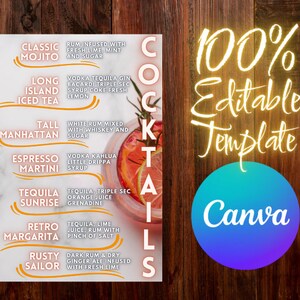 100% Editable - Marmalade Cocktail Menu with matching Shooter List - Canva Template - Digital Download - 4 Sizes Available