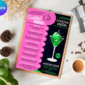100% Editable Half Pink Cocktail Menu Design - Canva Template with Free Classic Cocktails List - Digital Download - 4 Printable Sizes