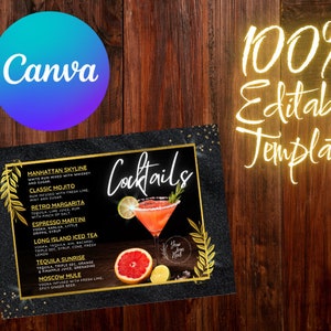 Cocktail Menu - Canva Template - Gold, Digital Download, 100% Editable A5 Landscape