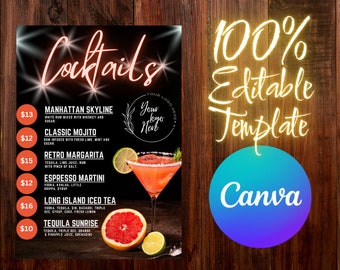 Create an Amazing Cocktail Menu with a Canva Template - Orange Neon, Digital Download, 100% Editable with Shooter List for Back Page
