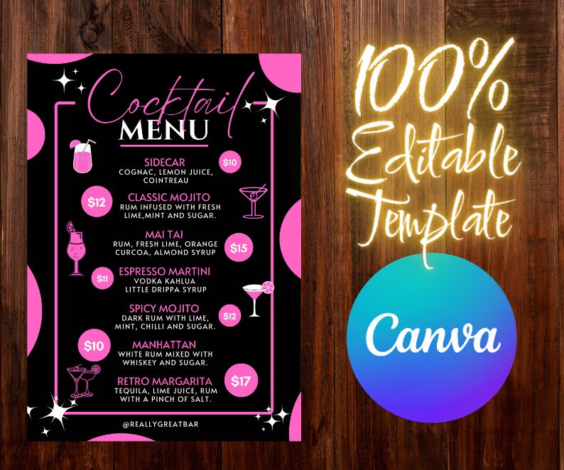 Cocktail Menu With Matching Shooters List Fully Editable - Etsy