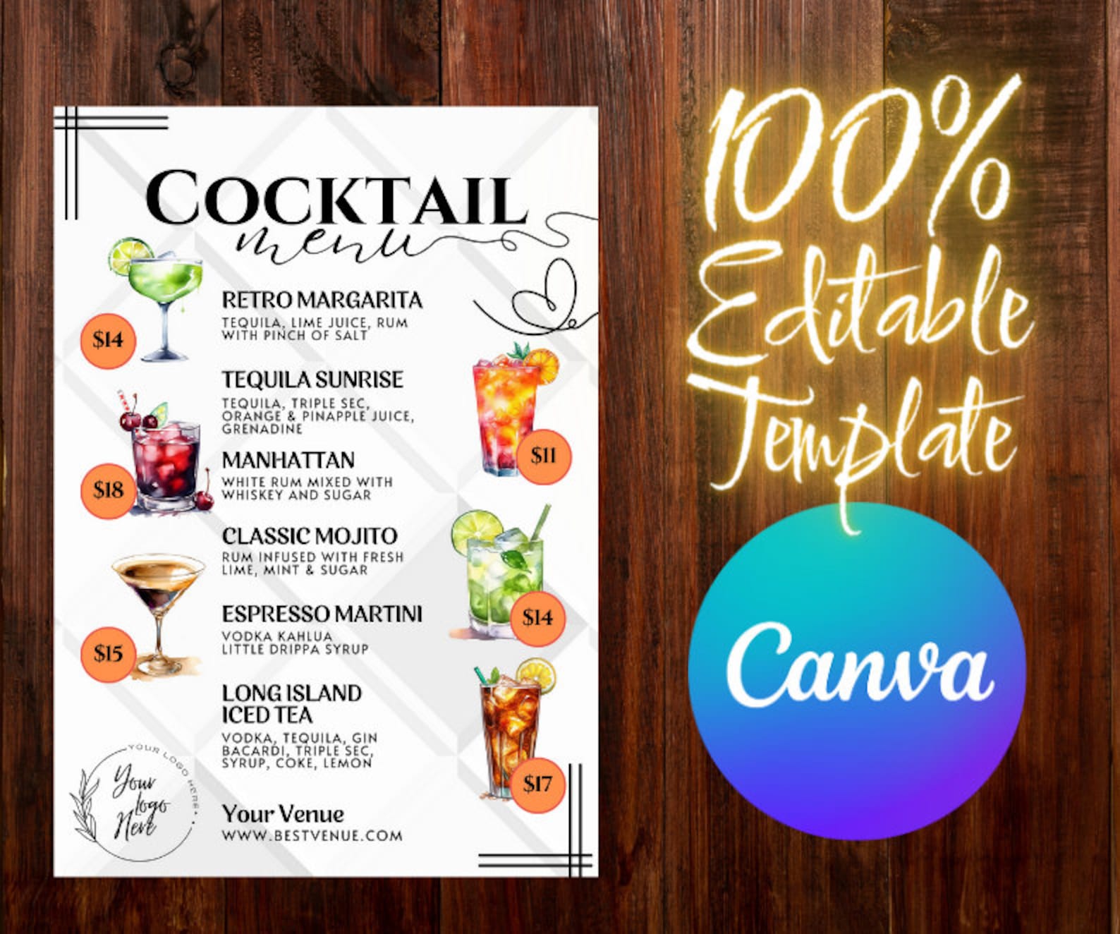 Editable Cocktail Menu Template: Restaurant & Bar Drink List (canva) - Etsy