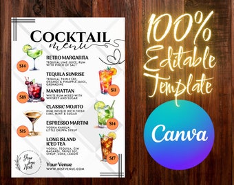 Cocktail Menu with Matching Shooters List - Fully Editable Template on Canva! 107 Drink Images for your design! 4 Print Sizes - Digital File