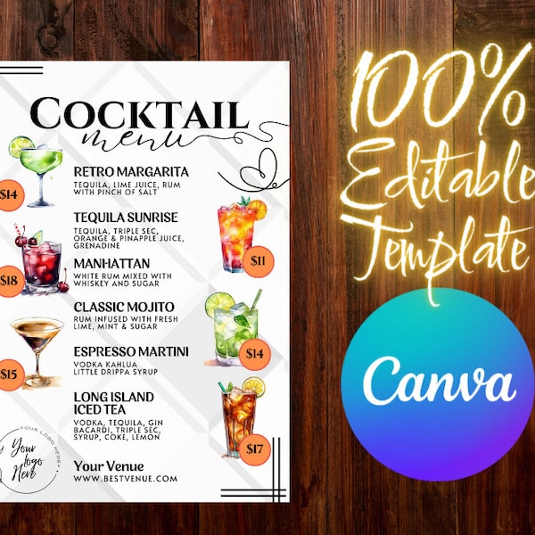 Cocktail Menu with Matching Shooters List - Fully Editable Template on Canva! 107 Drink Images for your design! 4 Print Sizes - Digital File