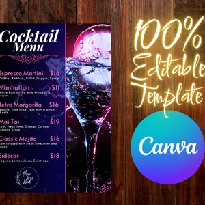 Cocktail Menu with Matching Shooters List - Fully Editable Template on Canva! - Free Classic Cocktails Recipes - Digital Download - 4 Sizes