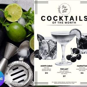 Create an Amazing Cocktail of the Month Menu with a Canva Template - Minimalist Digital Download, 100% Editable with Shooter List Back Page