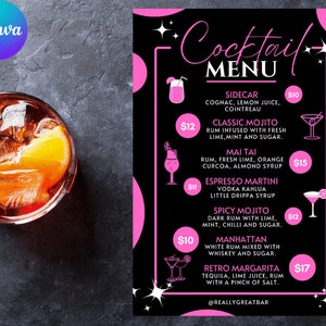 Cocktail Menu with Matching Shooters List - Fully Editable Template on Canva! - 24 Free Cocktails Recipes - Digital Download - 4 Sizes