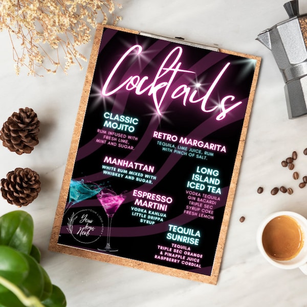 Cocktail Menu with Matching Shooters List - Fully Editable Template on Free Canva Account - 4 Sizes - Free Cocktail Recipes eBook Included