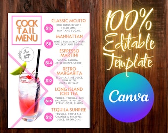 Elegant Cocktail Menu with Matching Shooter List - *Edit-Download-Print* - 4 Sizes - Canva Templates - Digital Download - 100% Editable