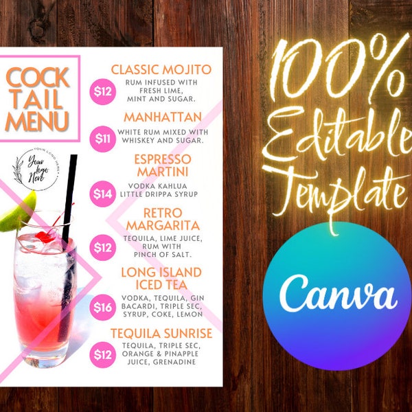 Elegant Cocktail Menu with Matching Shooter List - *Edit-Download-Print* - 4 Sizes - Canva Templates - Digital Download - 100% Editable