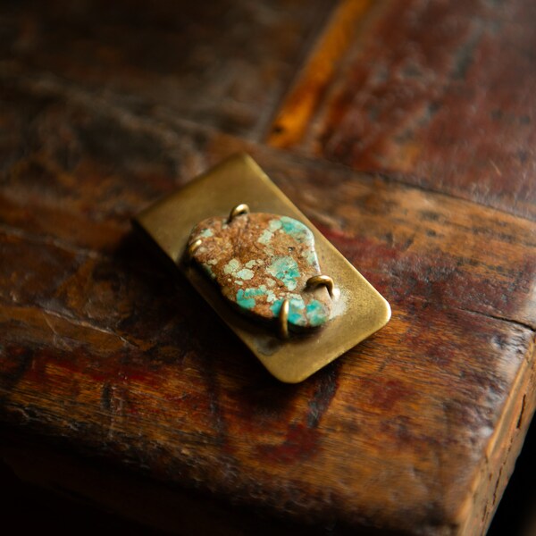 Vintage Handmade Brass Money Clip with Large Natural Turquoise Stone