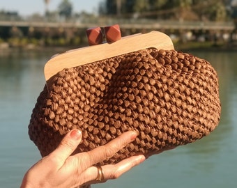 Handmade Brown Clutch Bag, Raffia Party Dumpling Bag, Natural Color Bag, Wooden  Buckle Bag, Luxury Debriyaj Evening  Bag, Mother's Day Gift