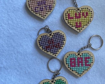 Custom Candy Hearts Keychain | Perfect for Valentine's Day | Hand-Stitched Wooden Heart Keychains | Made to Order | Completed Cross-Stitch