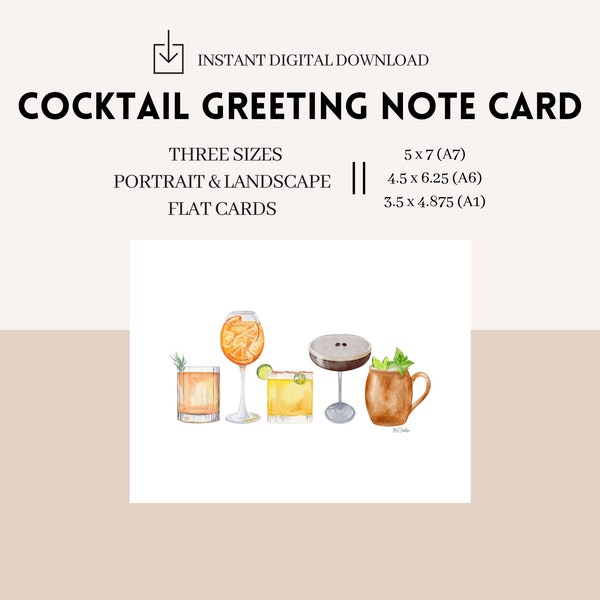 Cocktail Greeting Note Card || Instant Digital Download || Flat card || Landscape/Portrait || Watercolor || Bar Party || Sizes A1, A6, A7||