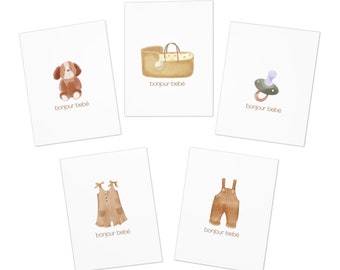 Bonjour Bebe Card Pack || Hello Baby || Assorted Cards || Gender Neutral Baby Card Set || Blank Inside || 5-Pack