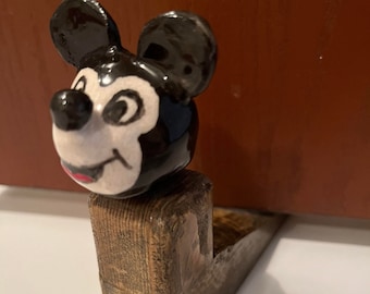 Handmade Wooden Door Stop Wedge | Ceramic Mickey Head Decor