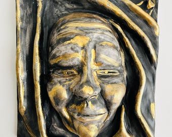 Handmade Ceramic Face Mask Wall Sculpture, Black Gold Relief Portrait Home Decor