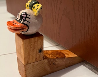 Handmade Ceramic Duck Door Stopper – Varnished Wood Wedge Accent piece
