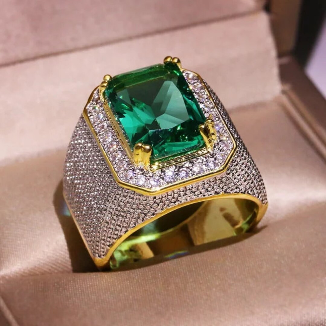 Emerald Men Ring, 925 Sterling Siver,14 Karat Gold , Mens Emerald Ring