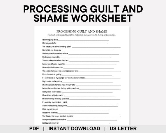 Processing Guilt and Shame Worksheet, Inner Critic, Emotional Healing, Forgiveness, Self Blame, Self Acceptance, Self Compassion, Self Worth