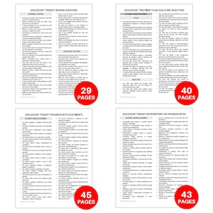 Op de afbeelding: Vier pagina's van een document met de titels "Adolescent Therapy Session Questions", "Adolescent Treatment Plan Goals and Objectives", "Adolescent Therapy Progress Note Statements" en "Adolescent Therapy Interventions for Progress Notes". Elke pagina bevat een rode cirkel met het aantal pagina's van het document.