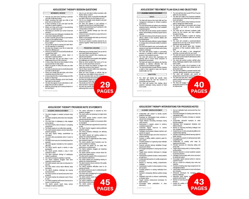 Op de afbeelding: Vier pagina's van een document met de titels "Adolescent Therapy Session Questions", "Adolescent Treatment Plan Goals and Objectives", "Adolescent Therapy Progress Note Statements" en "Adolescent Therapy Interventions for Progress Notes". Elke pagina bevat een rode cirkel met het aantal pagina's van het document.