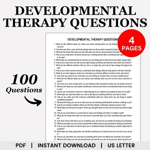Peut inclure: Un document PDF imprimable en noir et blanc avec le titre "Questions de thérapie du développement" et le texte "100 questions" en gros caractères. Le document contient une liste de 27 questions relatives au développement émotionnel et à la conscience de soi.