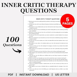 May include: A printable worksheet with the title "Inner Critic Therapy Questions" and the text "100 Questions" in a large font. The worksheet contains 20 questions to help you understand your inner critic.