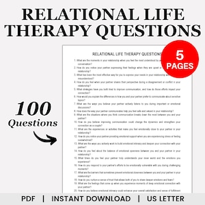 Peut inclure: Téléchargement numérique intitulé "Questions de thérapie de la vie relationnelle" avec 100 questions. L'image comprend une liste de questions, un cercle rouge avec "5 PAGES" et le texte "PDF | TÉLÉCHARGEMENT INSTANTANÉ | US LETTER".