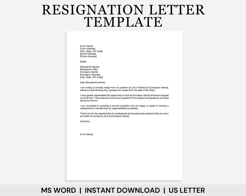 May include: A resignation letter template in a black and white font. The template includes a sample letter with placeholders for the user to fill in their information.