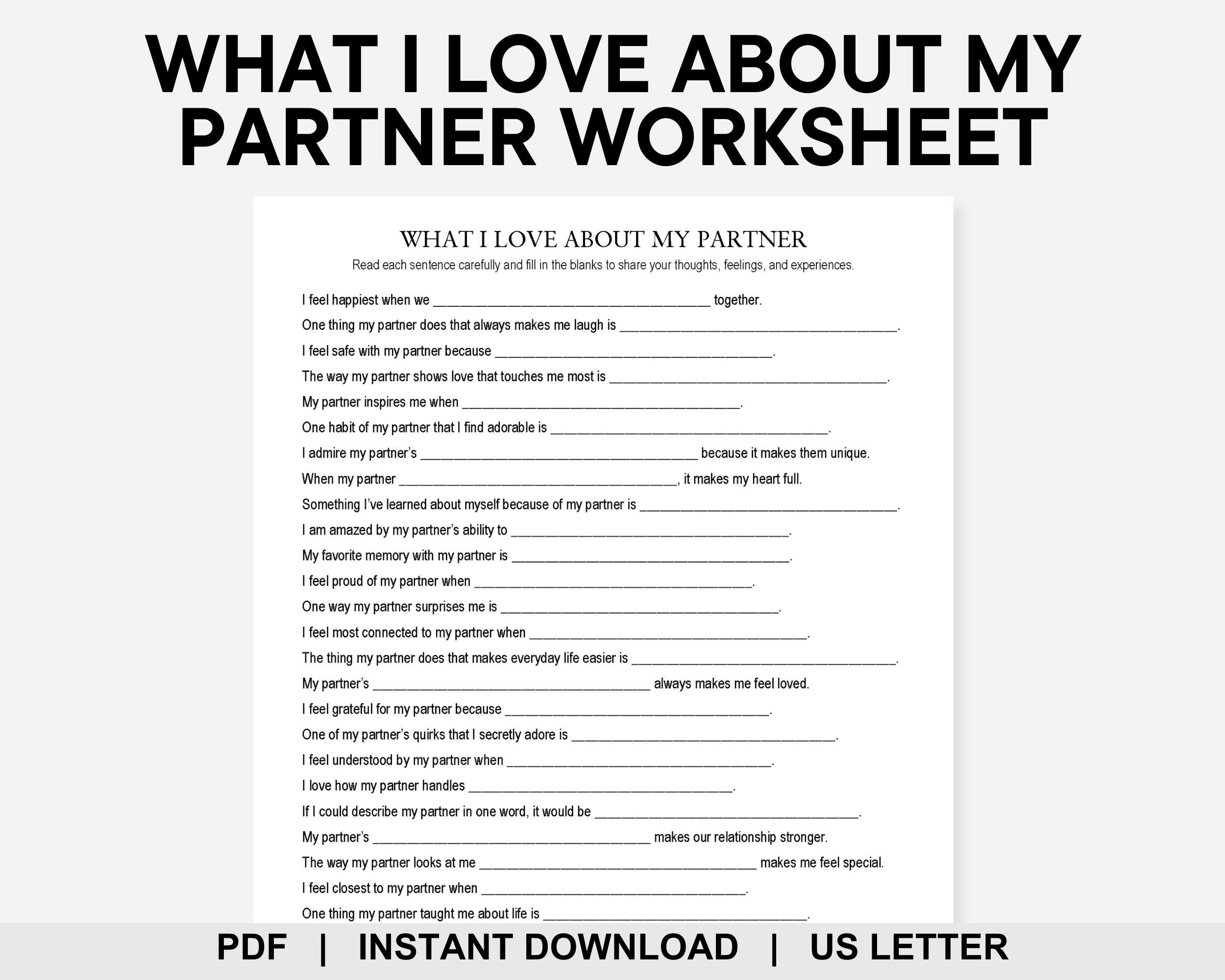 What I Love About My Partner Worksheet, Couples Journal, Couples Games ...
