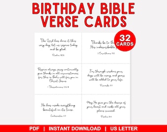 May include: A set of 32 white birthday Bible verse cards featuring black cursive text with various scriptures including Psalms 118:24, 2 Corinthians 9:15, 1 Thessalonians 5:16-18, Proverbs 9:11, Ecclesiastes 3:11, and Psalms 20:4, formatted for US Letter.