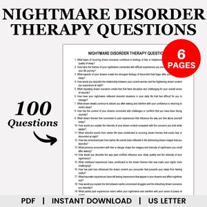 Puede incluir: Documento imprimible titulado "NIGHTMARE DISORDER THERAPY QUESTIONS" con 100 preguntas. El documento est&aacute; en tama&ntilde;o US Letter y est&aacute; disponible para descarga instant&aacute;nea. Un c&iacute;rculo rojo indica que el documento tiene 6 p&aacute;ginas.
