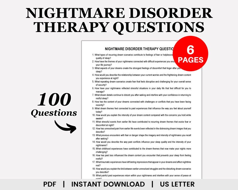 Puede incluir: Documento imprimible titulado "NIGHTMARE DISORDER THERAPY QUESTIONS" con 100 preguntas. El documento est&aacute; en tama&ntilde;o US Letter y est&aacute; disponible para descarga instant&aacute;nea. Un c&iacute;rculo rojo indica que el documento tiene 6 p&aacute;ginas.