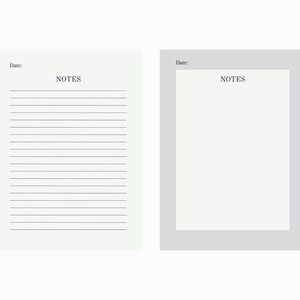 May include: Two blank lined note pages with the word "NOTES" at the top of each page. The page on the left is white and the page on the right is light grey.