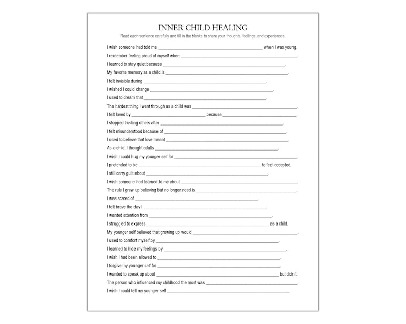 Puede incluir: Una hoja de trabajo blanca titulada "INNER CHILD HEALING" con indicaciones para completar. Las indicaciones est&aacute;n dise&ntilde;adas para fomentar la reflexi&oacute;n sobre las experiencias, los sentimientos y los pensamientos de la infancia. El texto es negro.