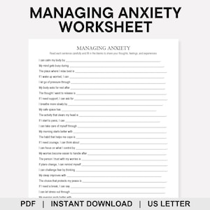 Peut inclure: Une fiche de travail blanche intitulée Managing Anxiety avec du texte noir présentant une série de questions à compléter. Le document comprend des lignes pour des réponses écrites sur les stratégies d'adaptation et les émotions.